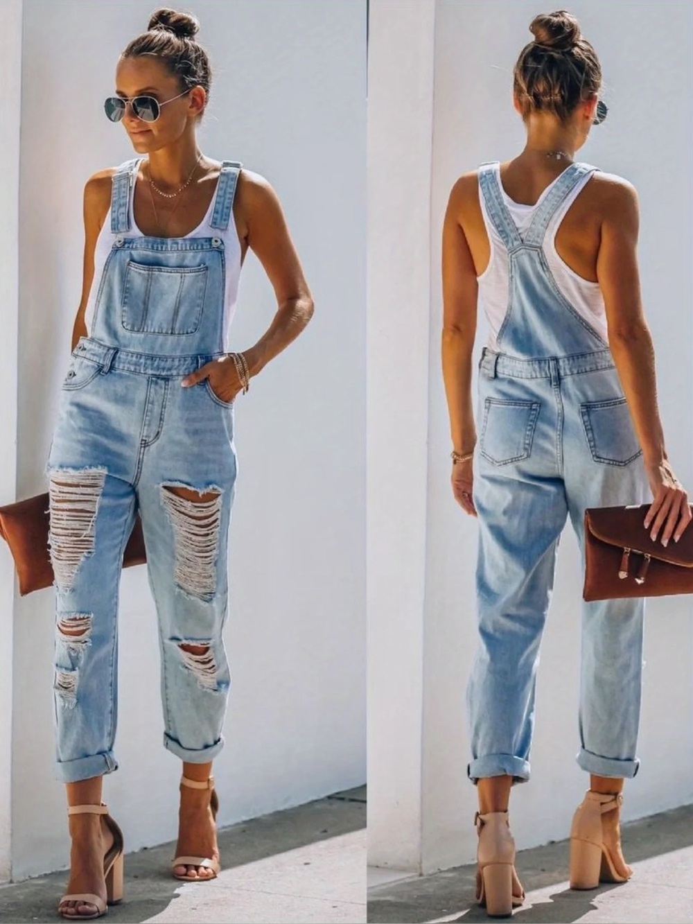🌞 Distressed Light Wash Denim Overalls | Adjustable Straps